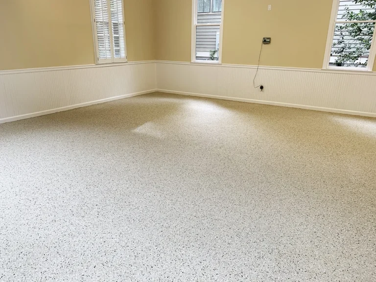 Tan flake epoxy floor in a finished room